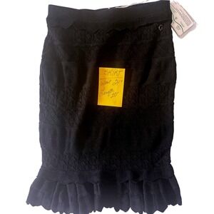 GUESS Pointelle Deeta Skirt Black Knit Crochet Ruffle Hem XS Women's Pencil‎